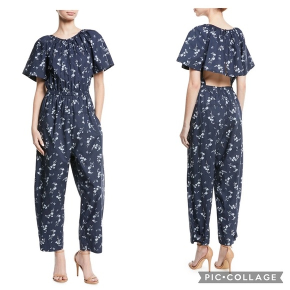 REBECCA TAYLOR Floral Jumpsuit Francine Open Back Navy Short Sleeve size 0